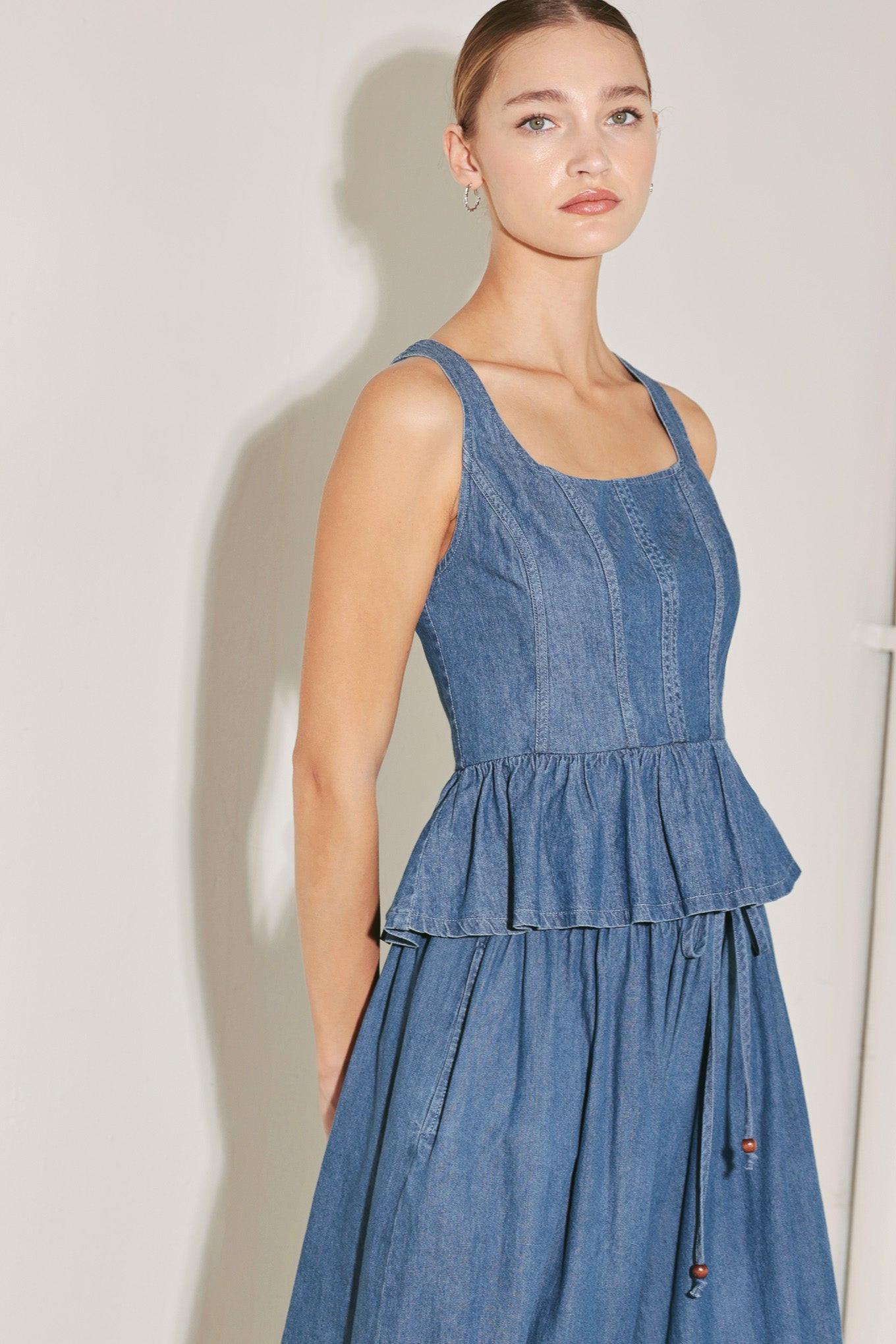 Soft Rebel Volume Woven Top in medium indigo, view 6 — Soul Flow Apparel