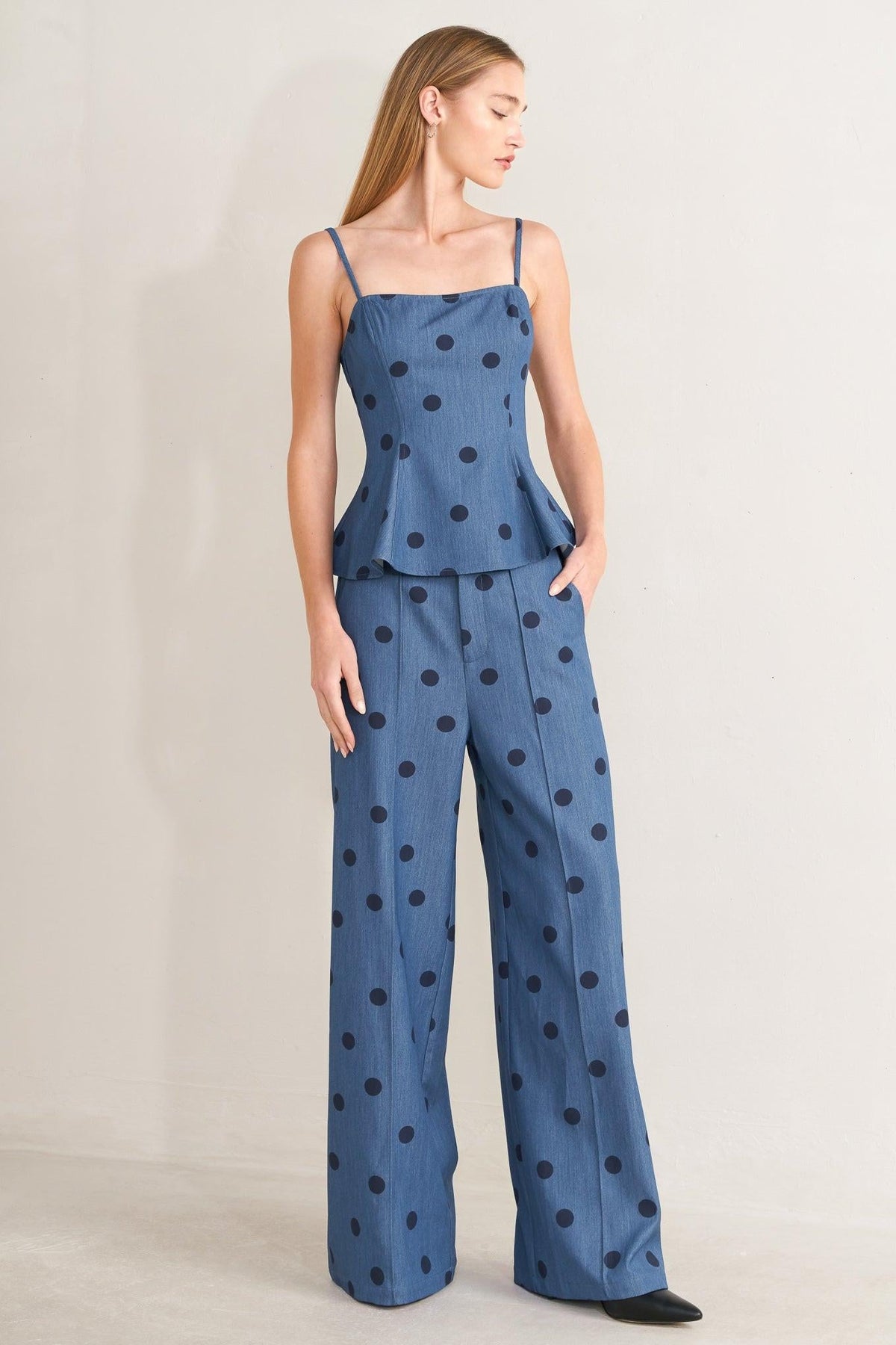 Midnight Polka Woven Top in denim blue, view 7 — Soul Flow Apparel