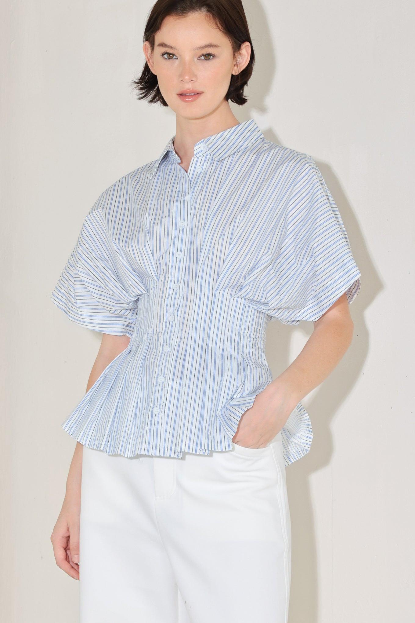 Skyline Stripe Woven Top in blue multi, view 1 — Soul Flow Apparel