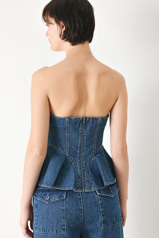 Blue Blossom Bustier Denim Top in indigo, view 6 — Soul Flow Apparel