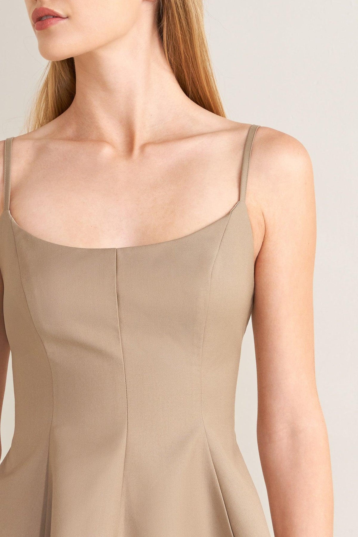 Manhattan Peplum Woven Cami Top in khaki brown, view 6 — Soul Flow Apparel