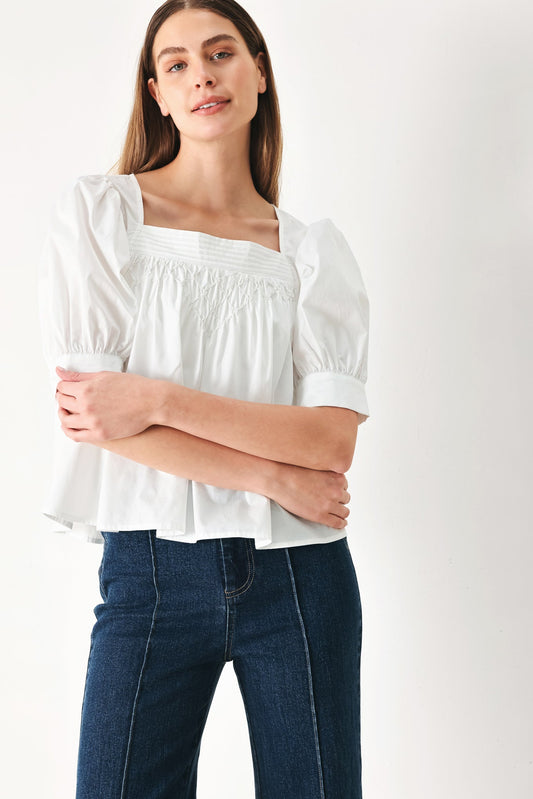 Pure Volume Woven Top in white, view 1 — Soul Flow Apparel