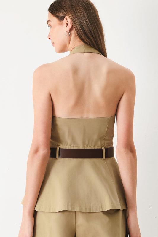 Workday Flow Woven Top in taupe, view 2 — Soul Flow Apparel
