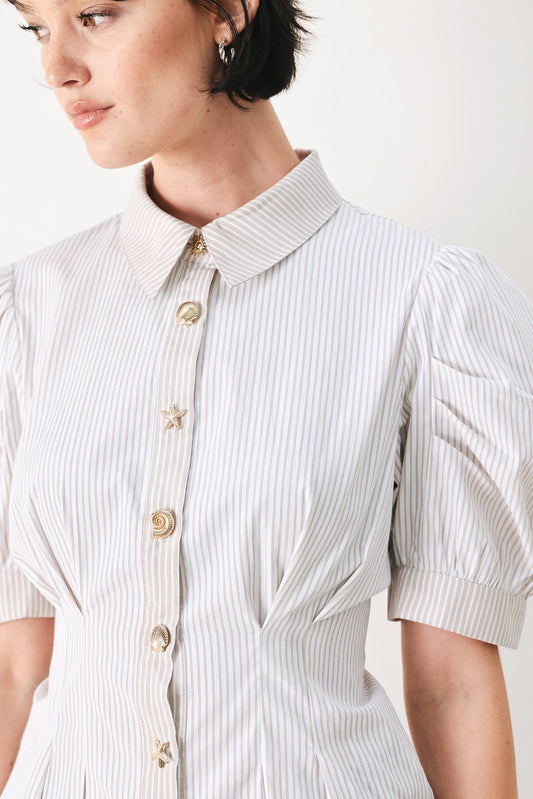 Coastal Light Woven Top in white taupe, view 3 — Soul Flow Apparel