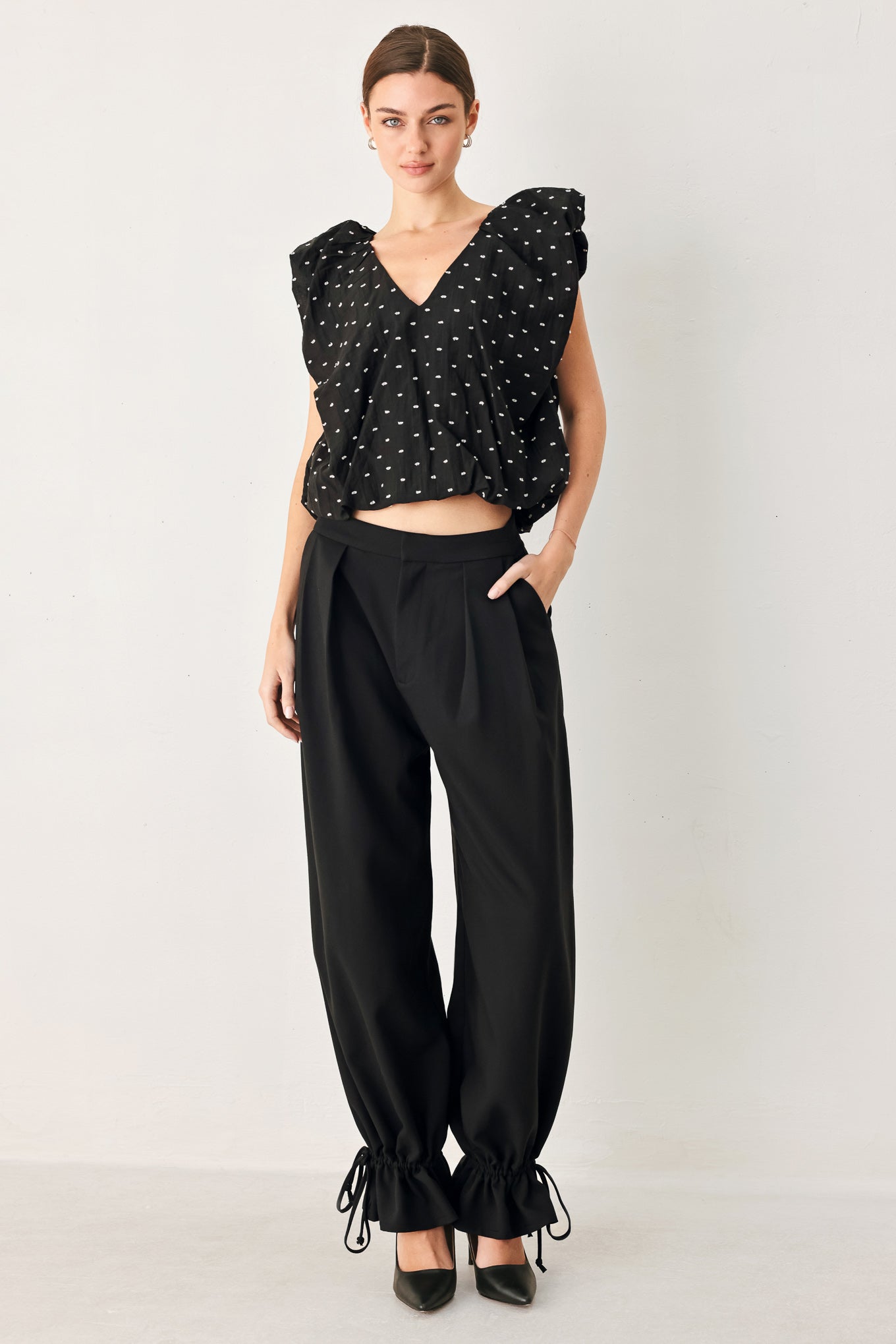 Polka Flutter Woven Top in black, view 1 — Soul Flow Apparel
