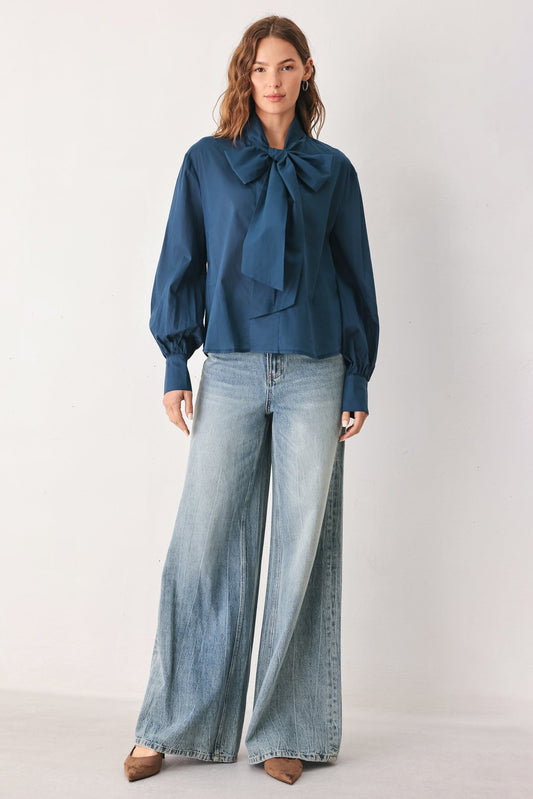 OCEAN INK PUSSY-BOW WOVEN TOP
