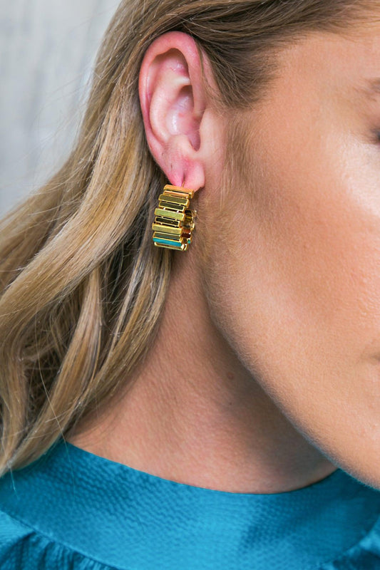 Dip Ribbed Stud Earrings Gold Plated Brass with Cubic Zirconia — Soul Flow Apparel