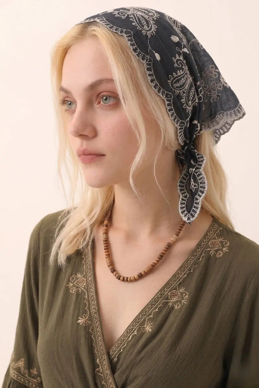 Boho Floral Embroidered Triangle Headscarf – Lightweight Casual Scarf Leto Collection