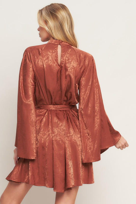 By Any Means Woven Satin Mini Dress in brown, view 6 — Soul Flow Apparel