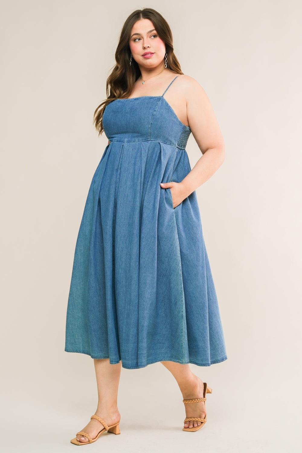 Captivating Heart Denim Midi Dress in light indigo, view 1 — Soul Flow Apparel
