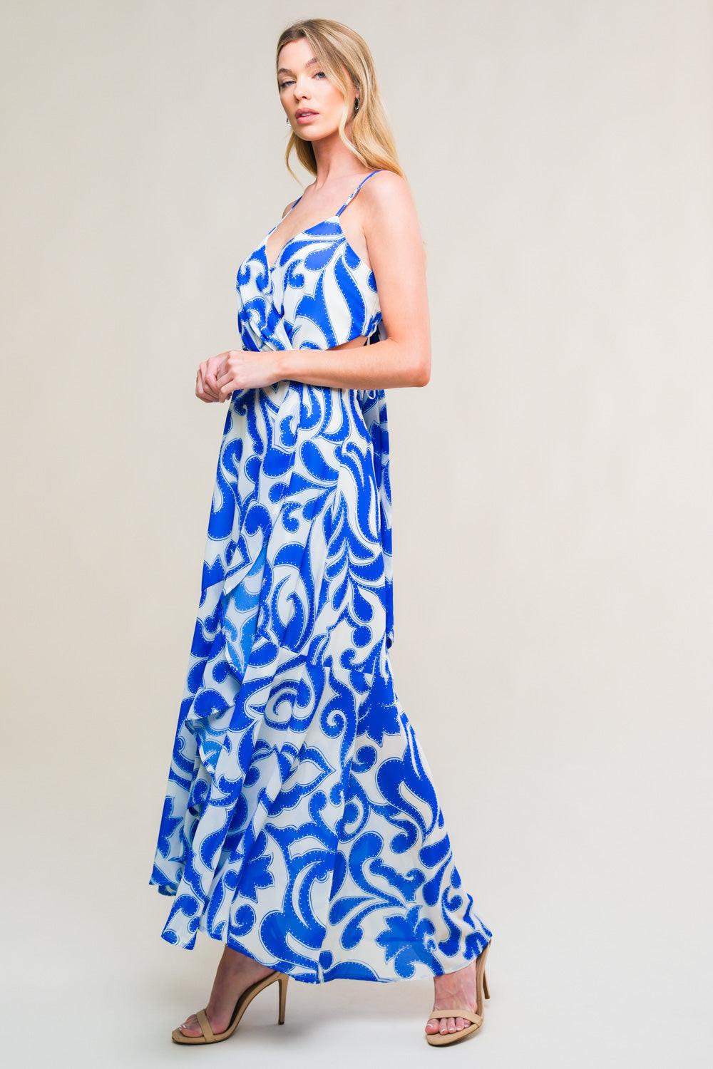 Getaway Icon Woven Midi Dress in ivory blue, view 3 — Soul Flow Apparel