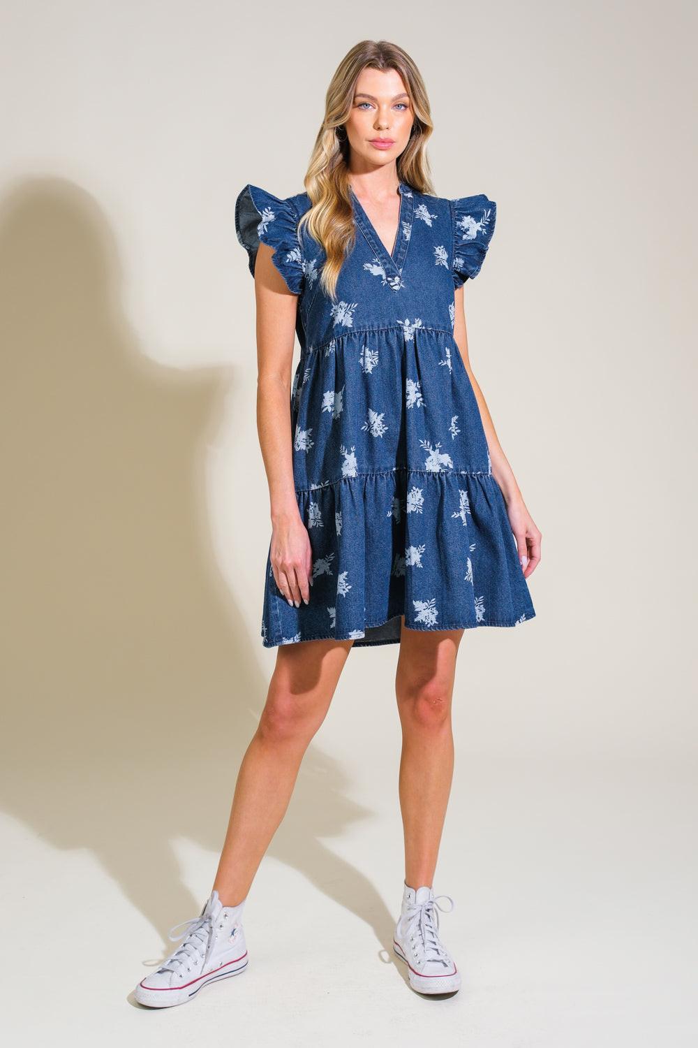 Romantically Entangled Denim Mini Dress in blue white, view 5 — Soul Flow Apparel
