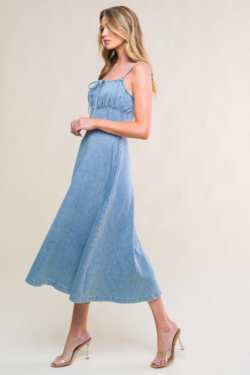 Gorgeous Adornment Denim Mini Dress in light indigo, view 3 — Soul Flow Apparel