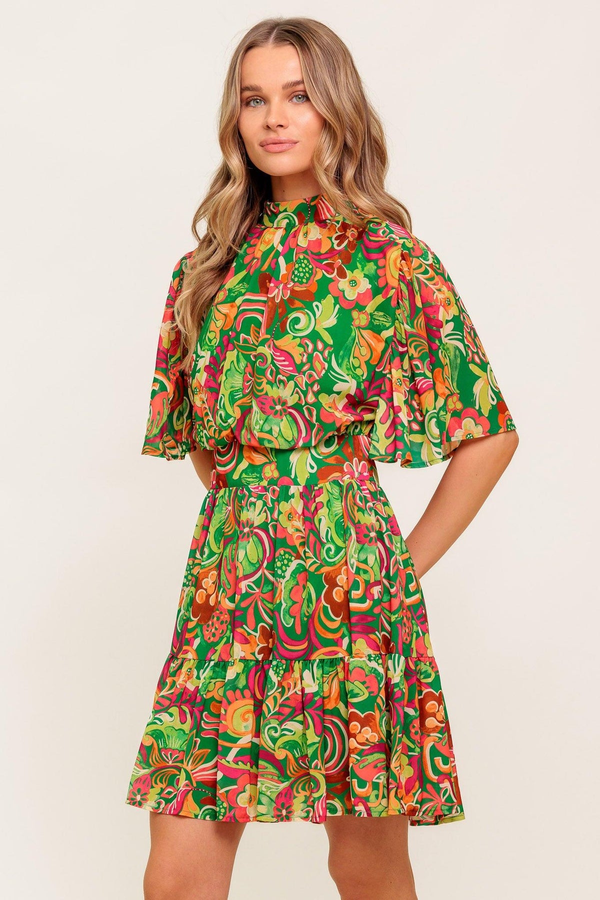 Clean Aesthetic Woven Mini Dress in green, view 6 — Soul Flow Apparel