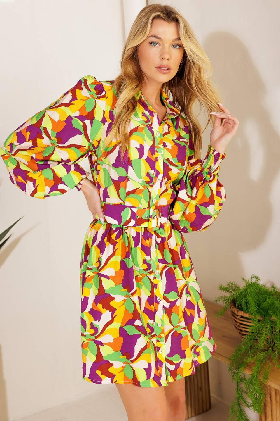 World Is Your Oyster Woven Mini Dress in green purple, view 8 — Soul Flow Apparel