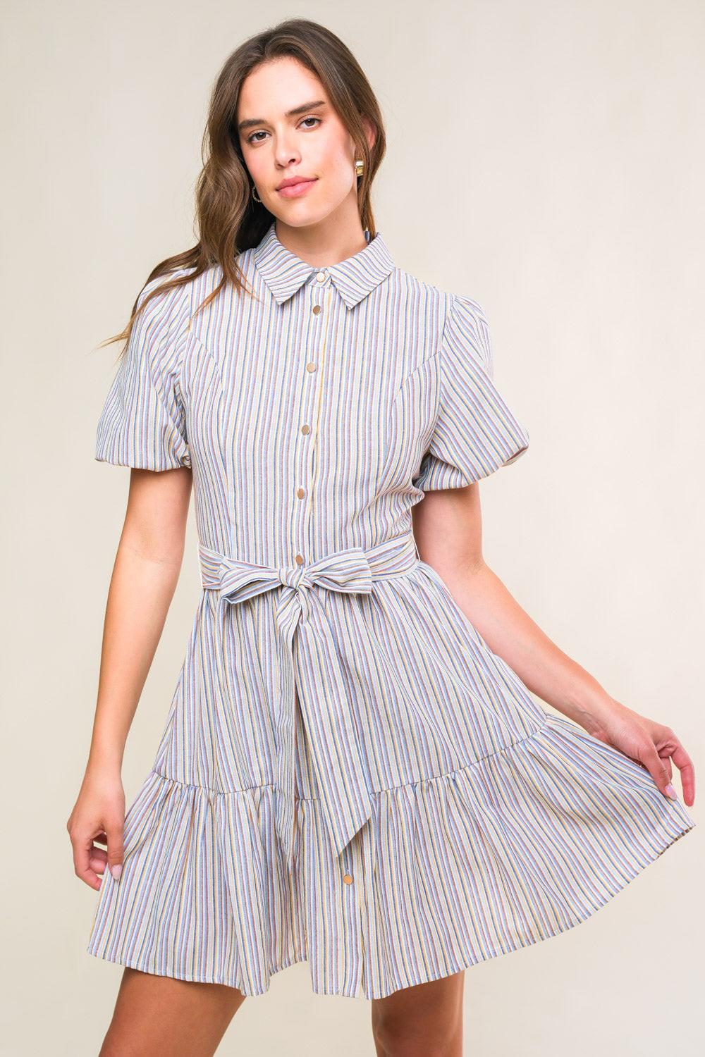 Adorable Presence Woven Mini Dress in white blue brown, view 4 — Soul Flow Apparel