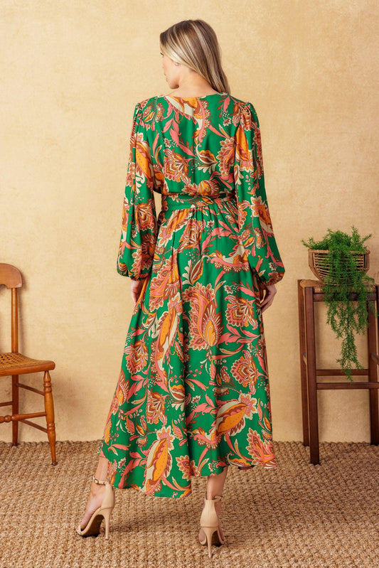 Sunnyside Florals Woven Midi Dress in green, view 7 — Soul Flow Apparel