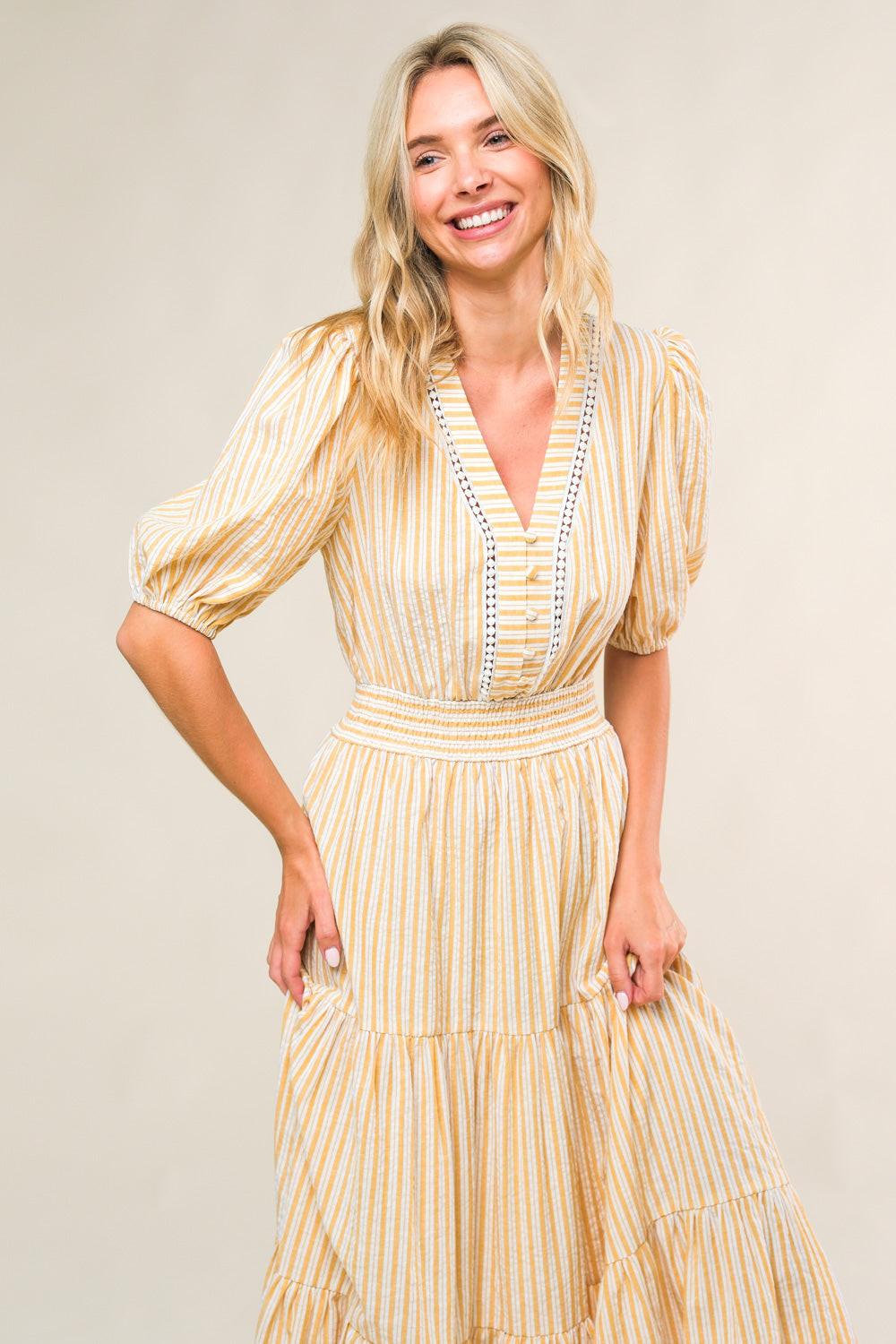 With the Girls Woven Midi Dress in mustard, view 4 — Soul Flow Apparel