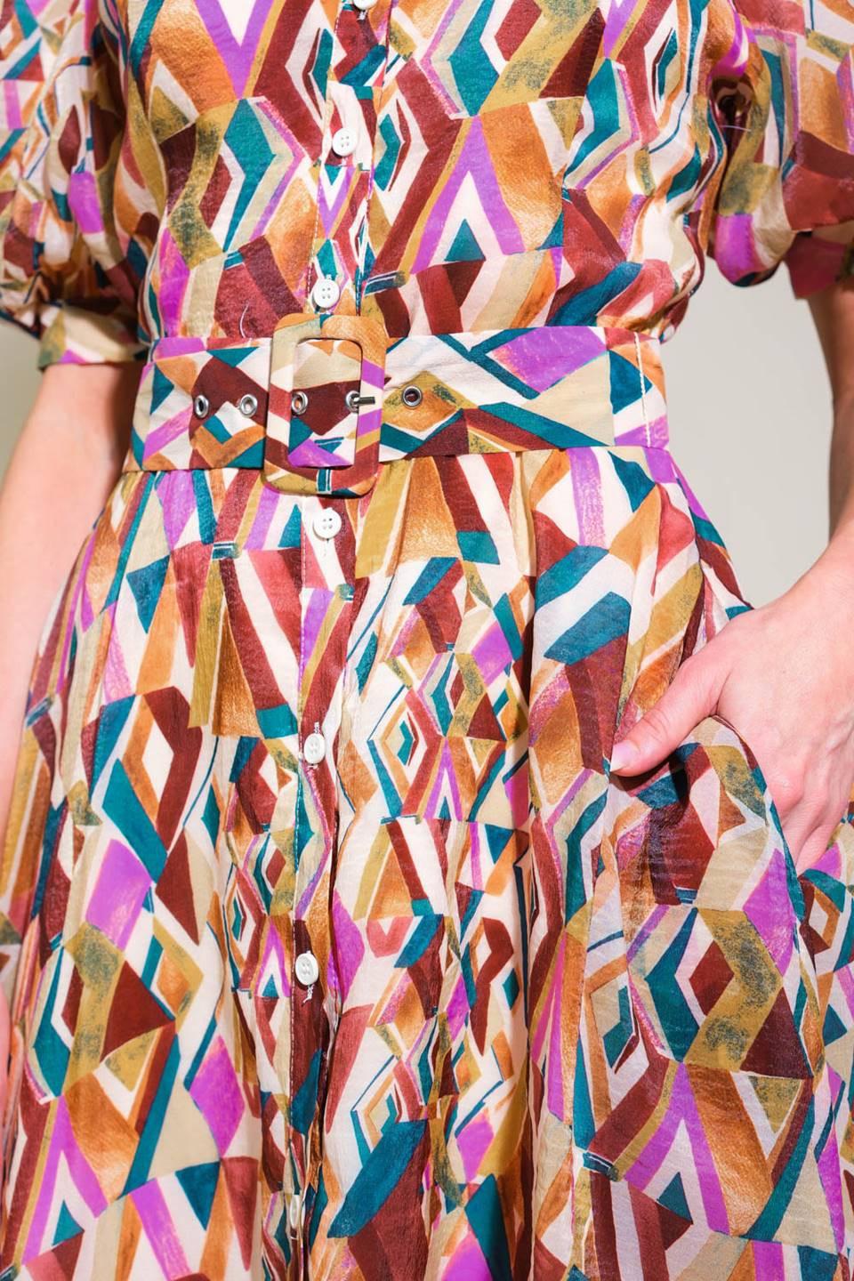 Garden Harmony Woven Midi Dress in ivory brown teal, view 4 — Soul Flow Apparel