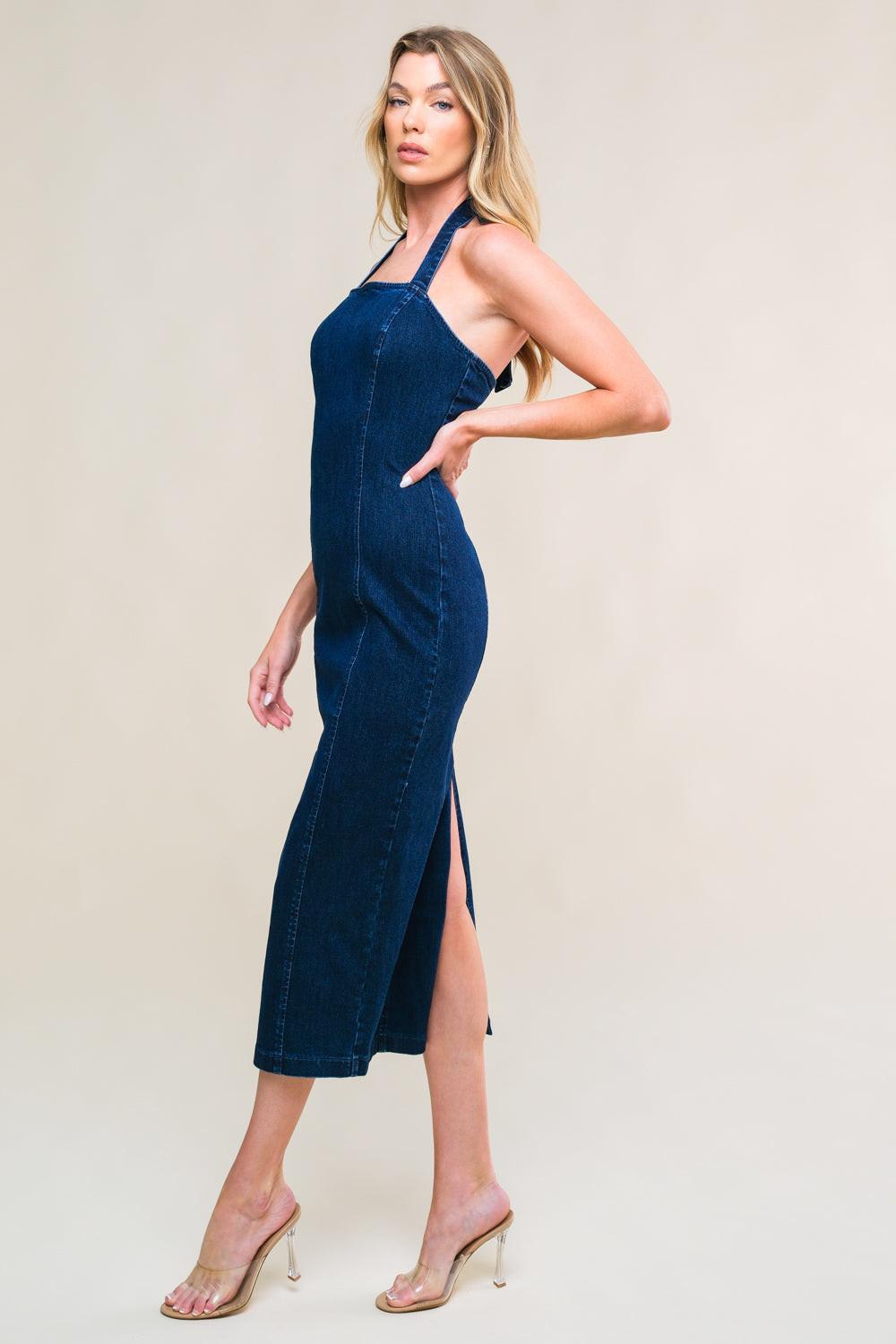So Quintessential Denim Midi Dress in medium indigo, view 3 — Soul Flow Apparel