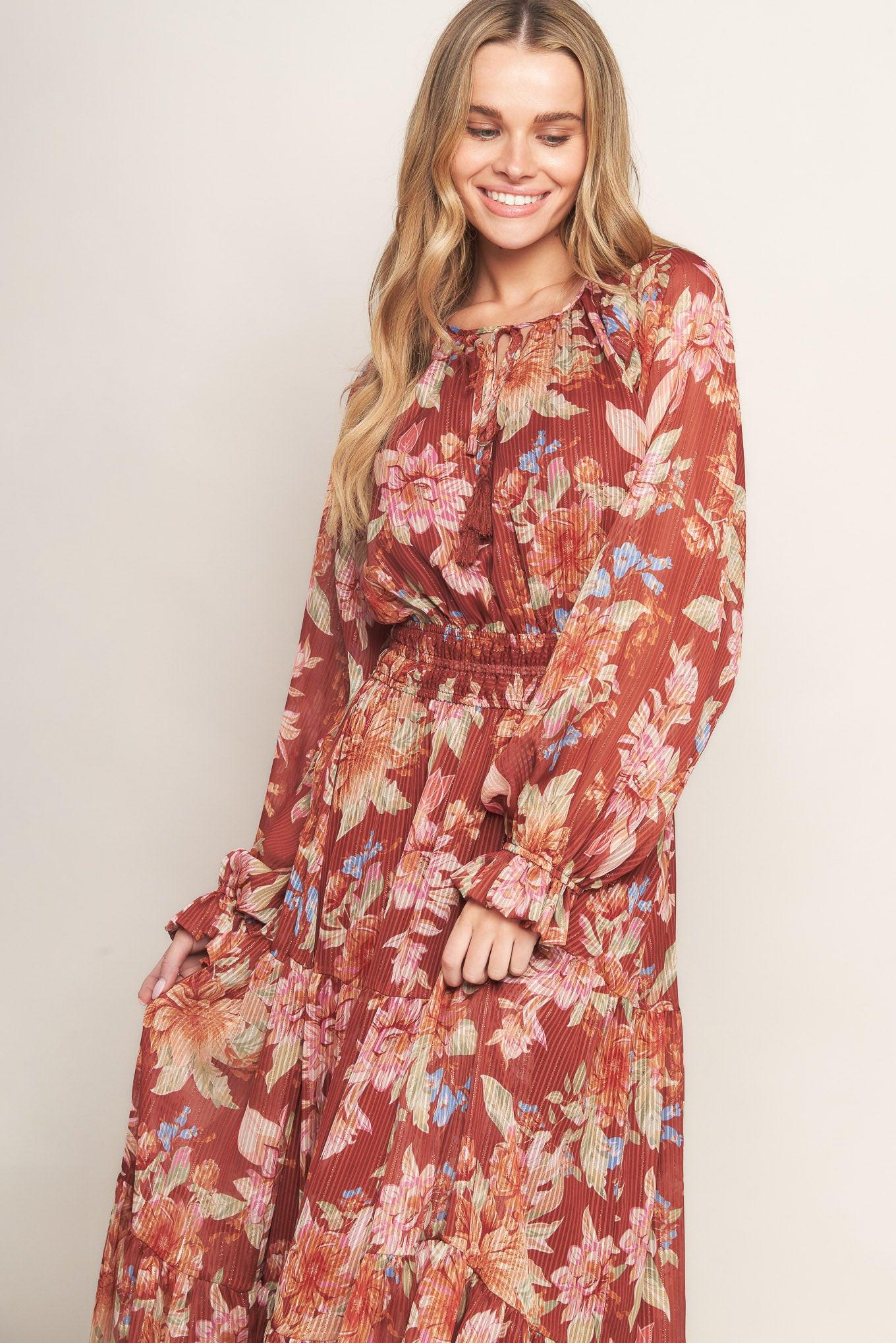 Forest Park Woven Midi Dress in brown, view 6 — Soul Flow Apparel