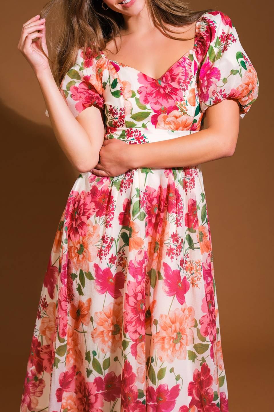 Floral Reverie Woven Midi Dress in ivory, view 4 — Soul Flow Apparel