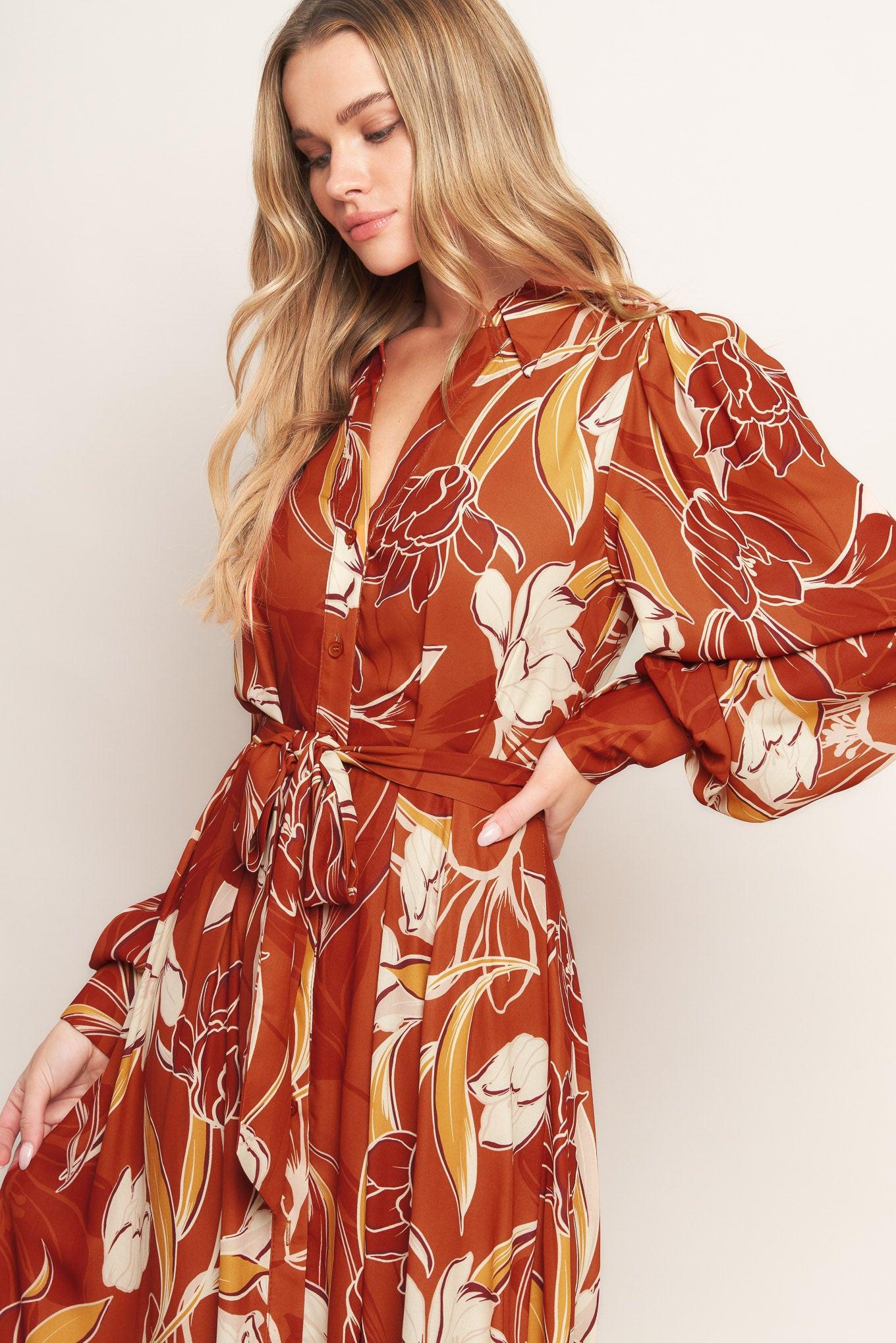 Blooming Radiance Woven Midi Dress in brown, view 7 — Soul Flow Apparel