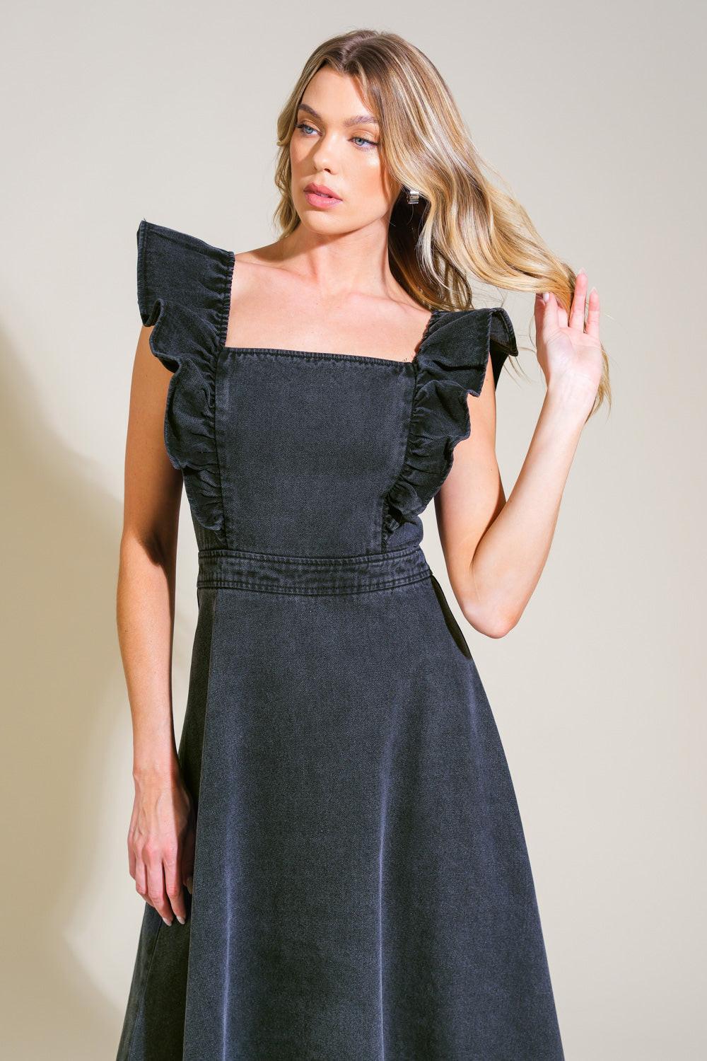 Timeless Charm Denim Midi Dress in black, view 4 — Soul Flow Apparel