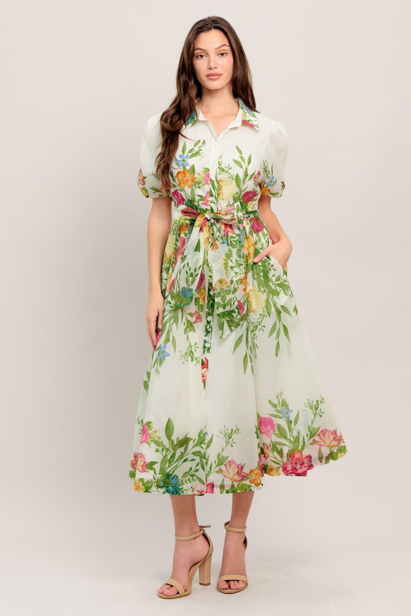 Fresh Blossom Ivory Woven Midi Dress, view 1 — Soul Flow Apparel