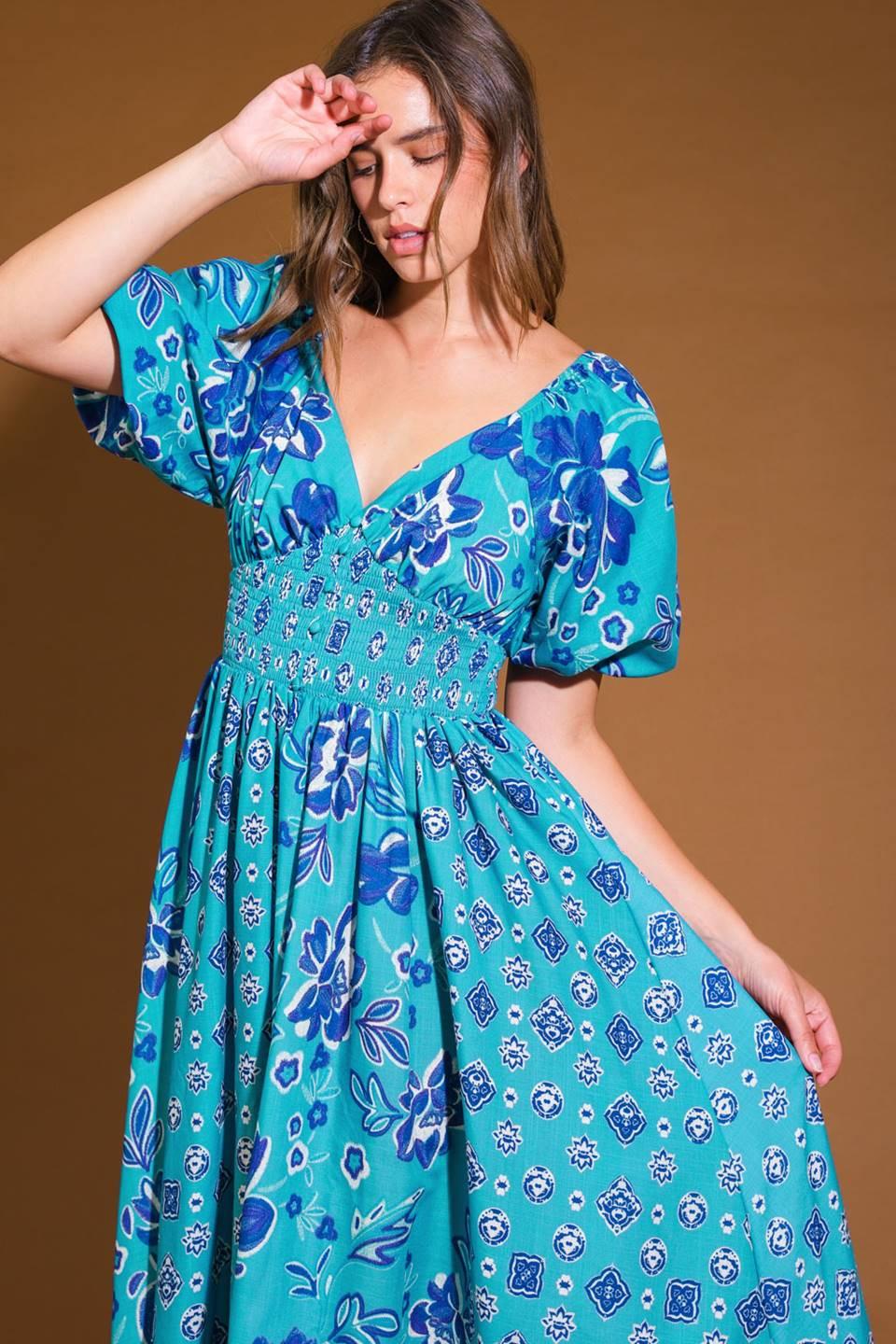 New Castle Woven Midi Dress in dusty teal, view 4 — Soul Flow Apparel