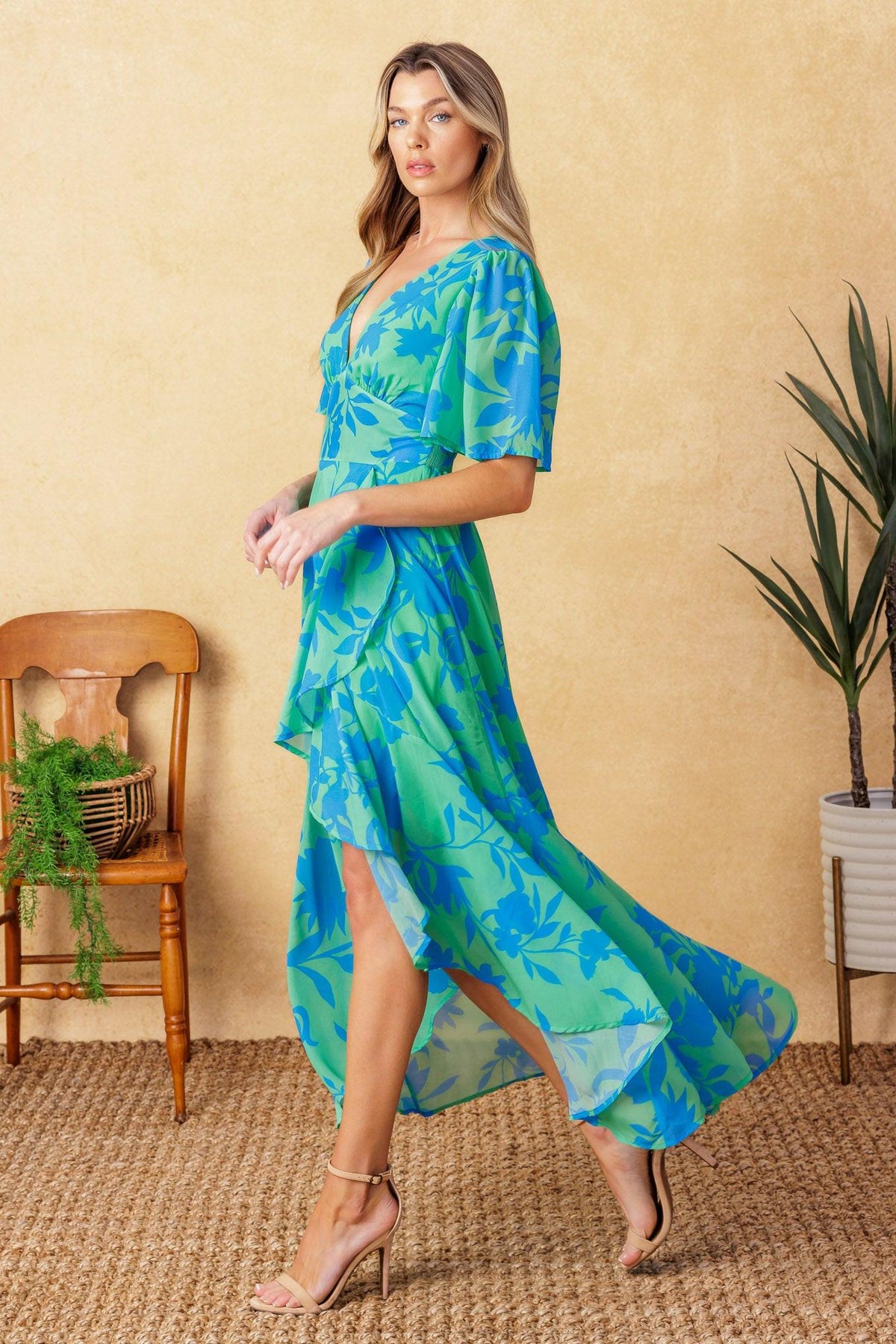 Forever Daydreaming Woven Midi Dress in green blue, view 4 — Soul Flow Apparel