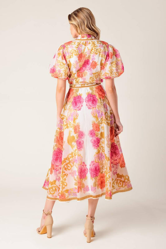 Garden Tapestry Ivory Floral Woven Midi Dress, view 4 — Soul Flow Apparel