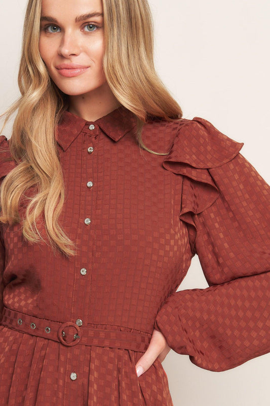 Call It Love Woven Mini Dress in brick, view 6 — Soul Flow Apparel