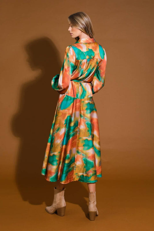 Wanna Be Loved Woven Midi Dress in green brown, view 2 — Soul Flow Apparel
