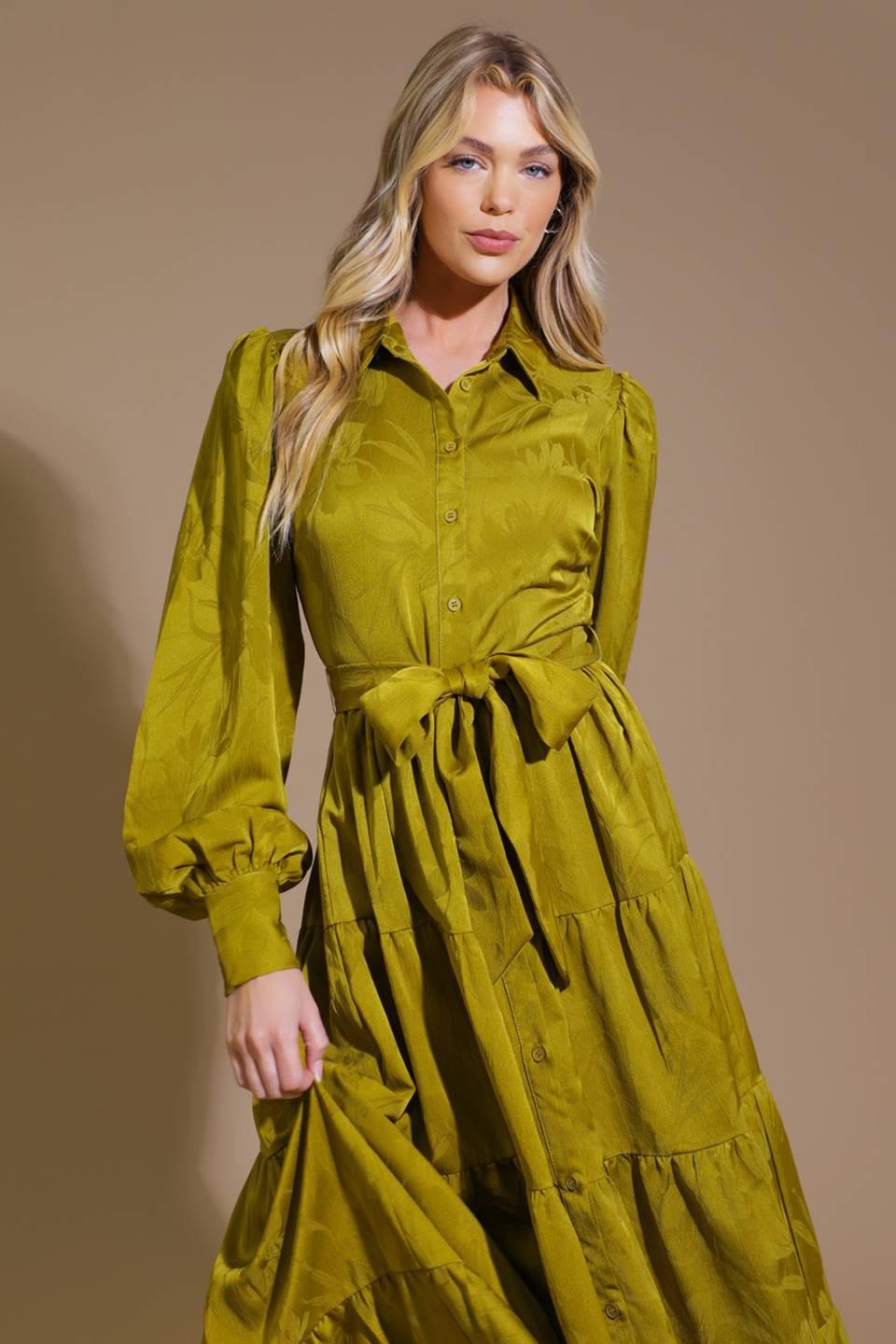 Total Appeal Woven Jacquard Midi Dress in avocado, view 4 — Soul Flow Apparel