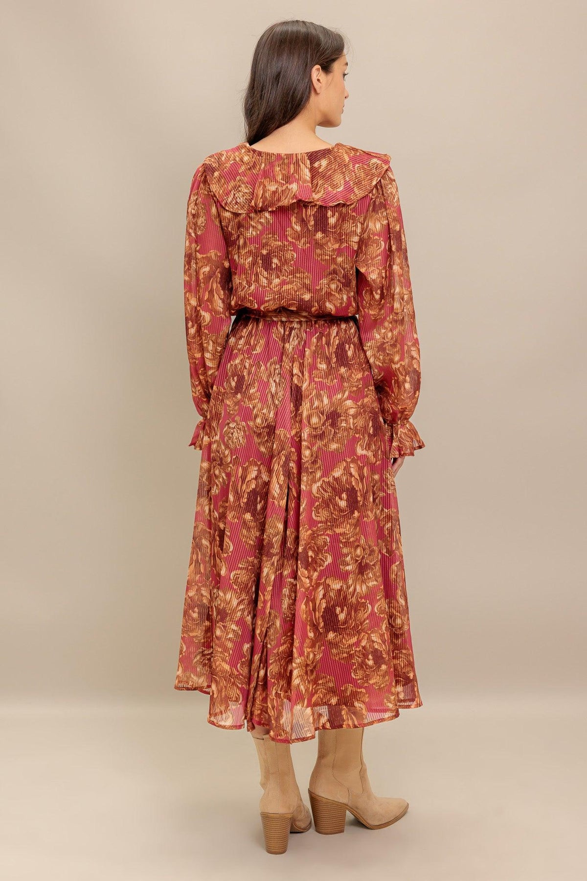 Autumn Sonata Woven Midi Dress in terra cotta, view 7 — Soul Flow Apparel