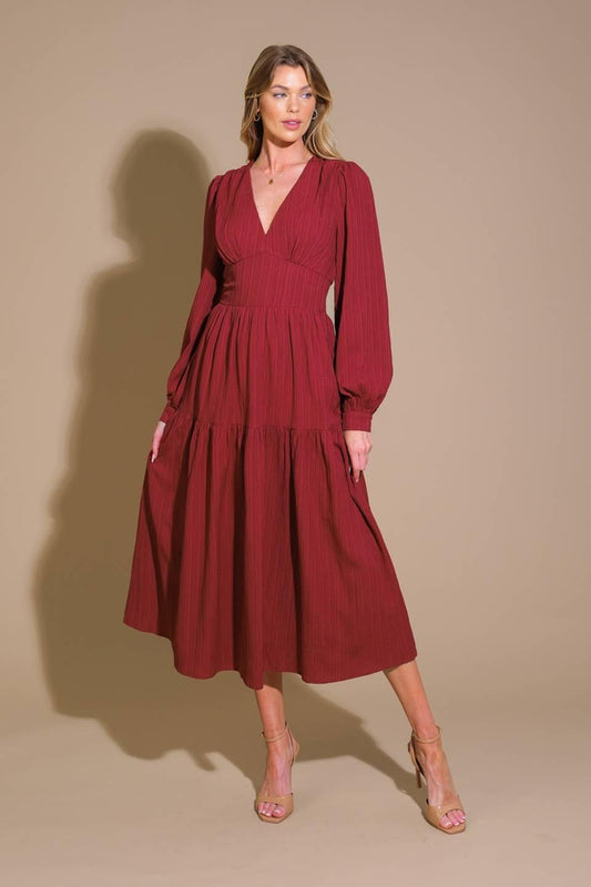 Posh Presence Woven Midi Dress in red wine, view 1 — Soul Flow Apparel