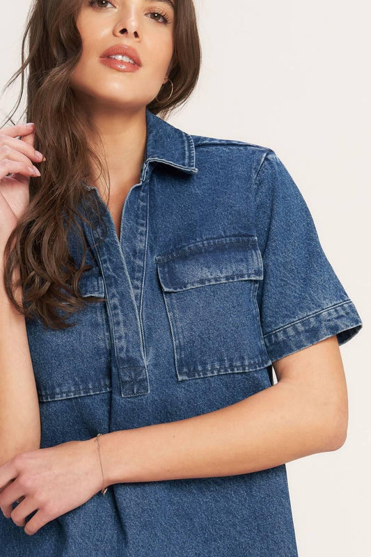 Blue Canvas Denim Mini Dress in medium indigo, view 5 — Soul Flow Apparel