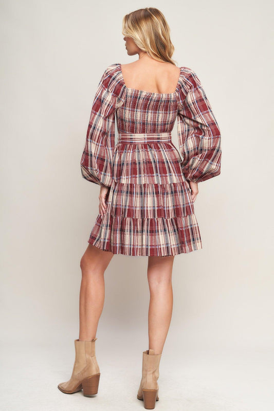 Honey Hug Plaid Mini Dress in burgundy, view 4 — Soul Flow Apparel