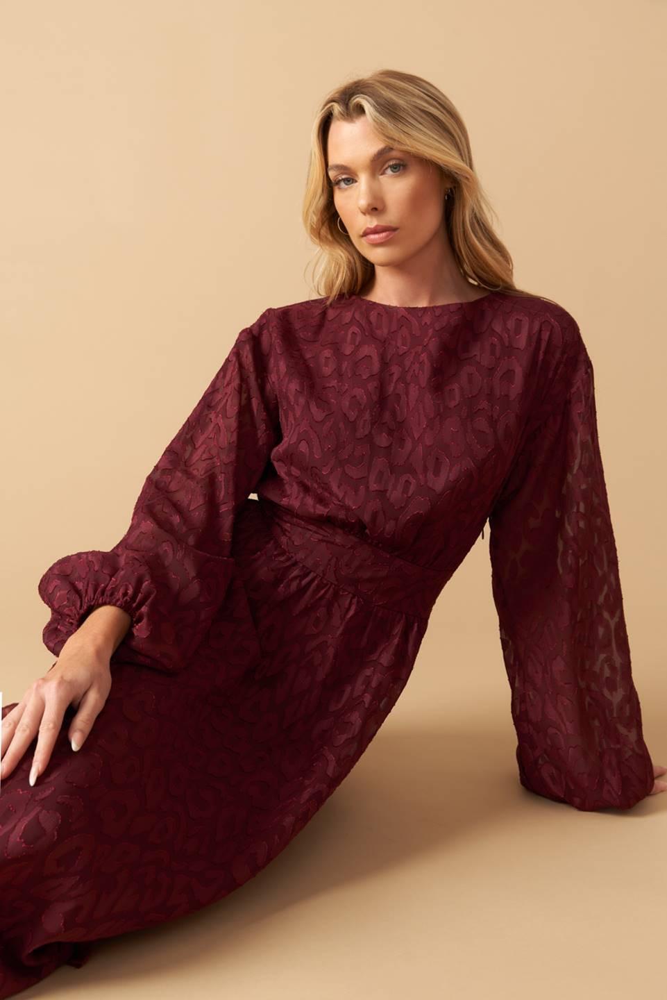 Too Good to Be True Woven Midi Dress in burgundy, view 6 — Soul Flow Apparel