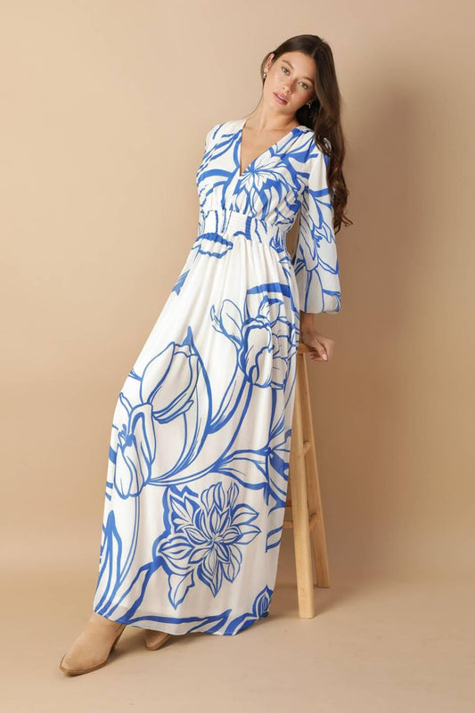 Dancing Dewdrops Woven Maxi Dress in ivory navy, view 4 — Soul Flow Apparel