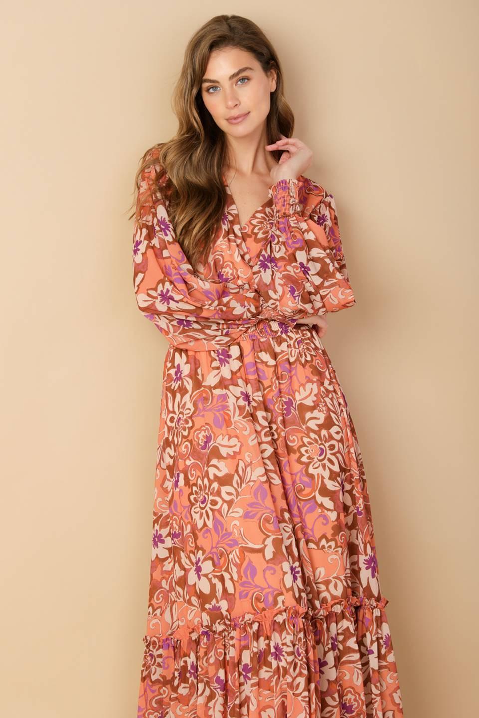 Whispering Willows Woven Maxi Dress in brown purple, view 6 — Soul Flow Apparel