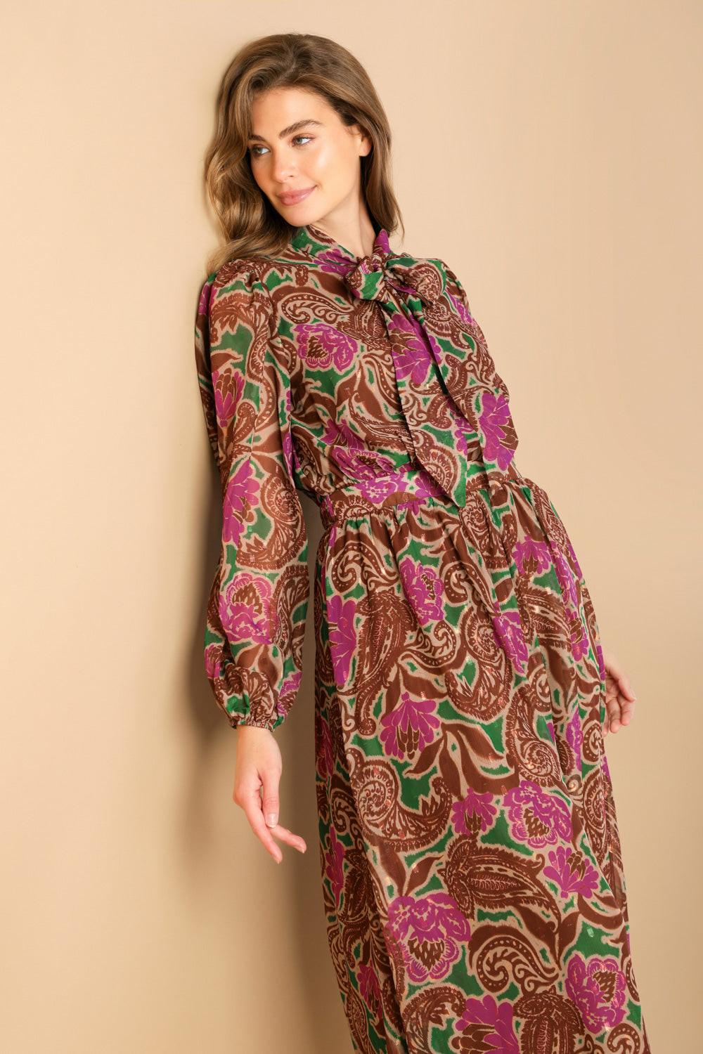 Drifting Thoughts Woven Midi Dress in green brown, view 6 — Soul Flow Apparel