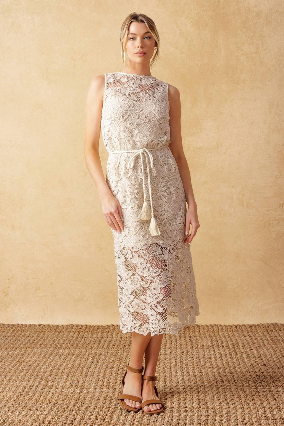 Timeless Treasures Lace Woven Midi Dress in beige, view 6 — Soul Flow Apparel