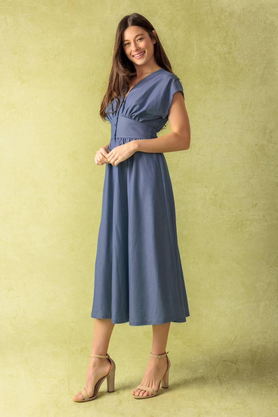 Bright Mornings Woven Midi Dress in slate blue, view 7 — Soul Flow Apparel