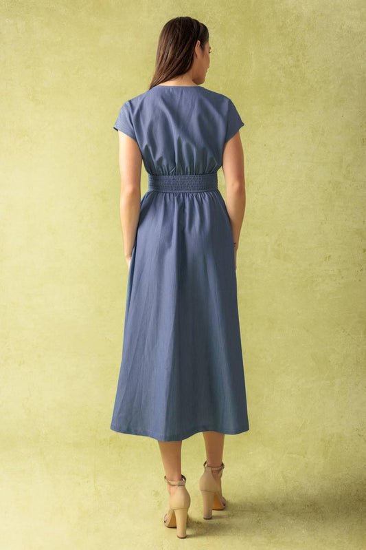 Bright Mornings Woven Midi Dress in slate blue, view 8 — Soul Flow Apparel