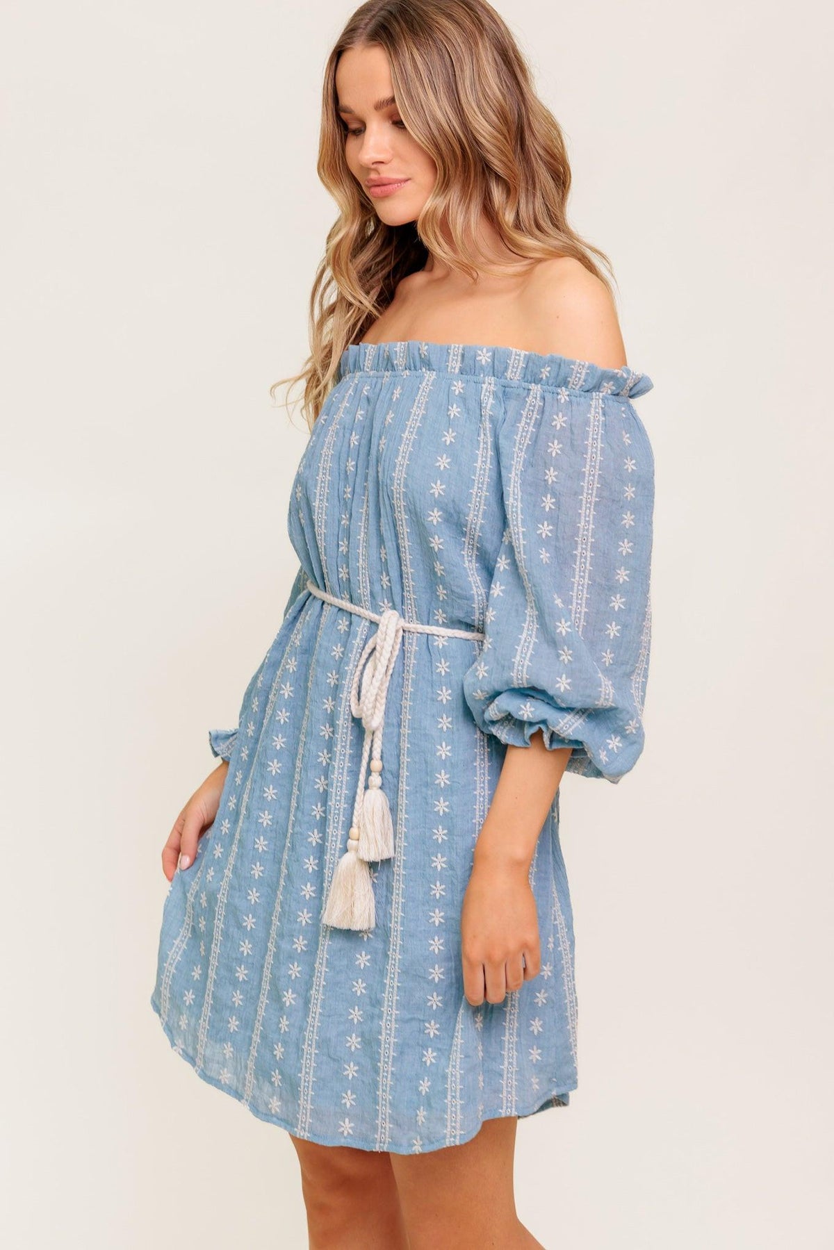 No More Cloudy Skies Woven Mini Dress in light denim, view 6 — Soul Flow Apparel