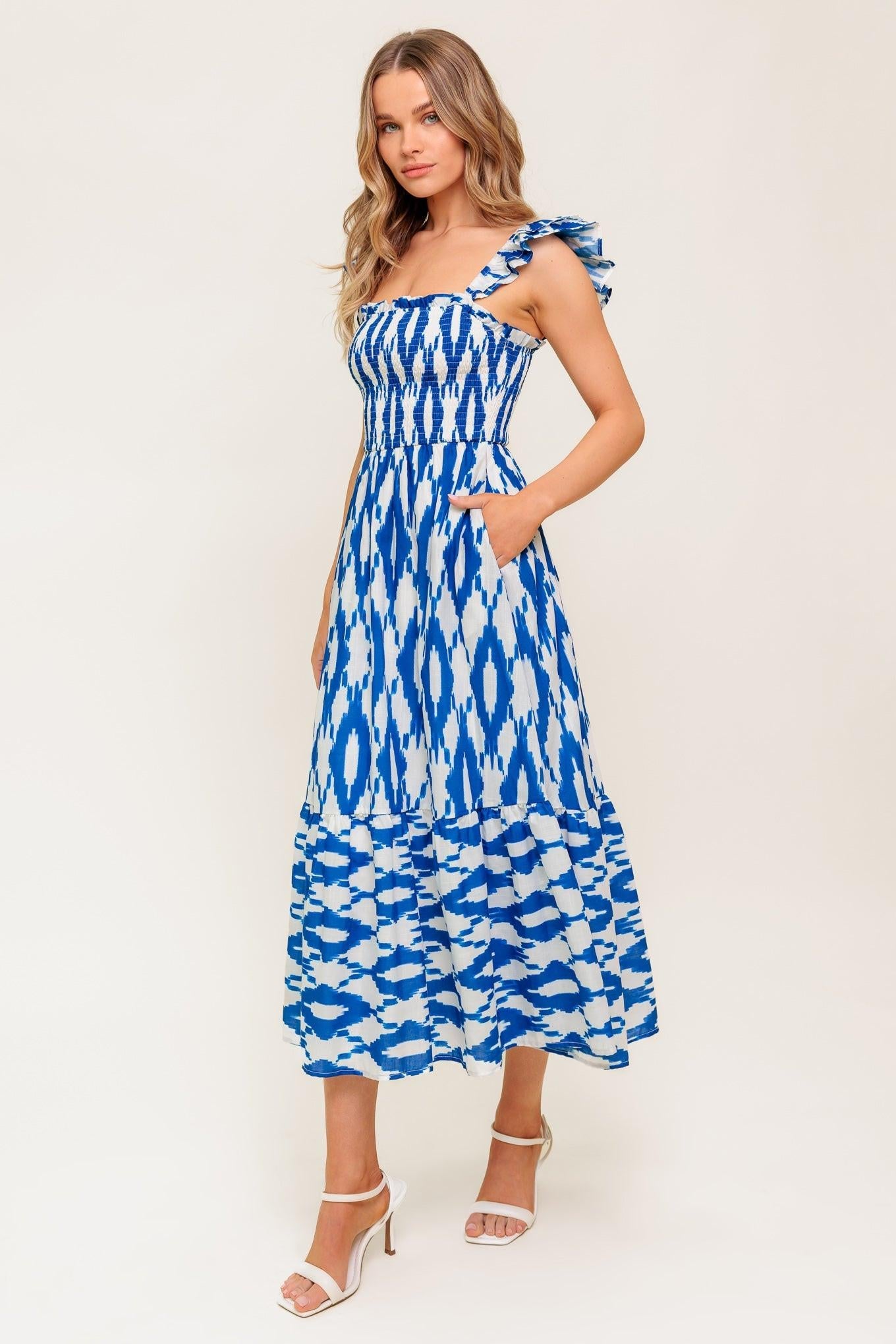 Lost in the Details Woven Midi Dress in ivory blue, view 4 — Soul Flow Apparel