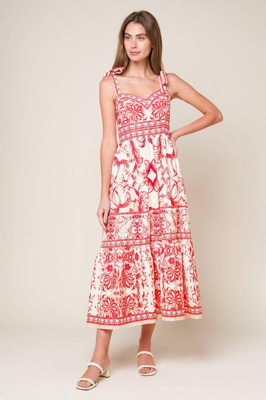 The Garden's Secret Woven Midi Dress in pink combo, view 1 — Soul Flow Apparel