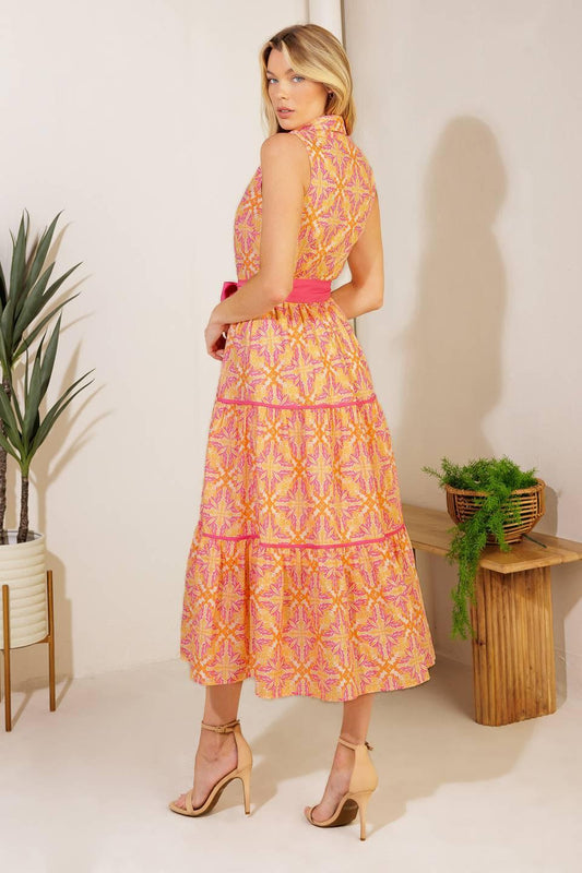 Rainforest Radiance Woven Midi Dress in orange pink, view 4 — Soul Flow Apparel